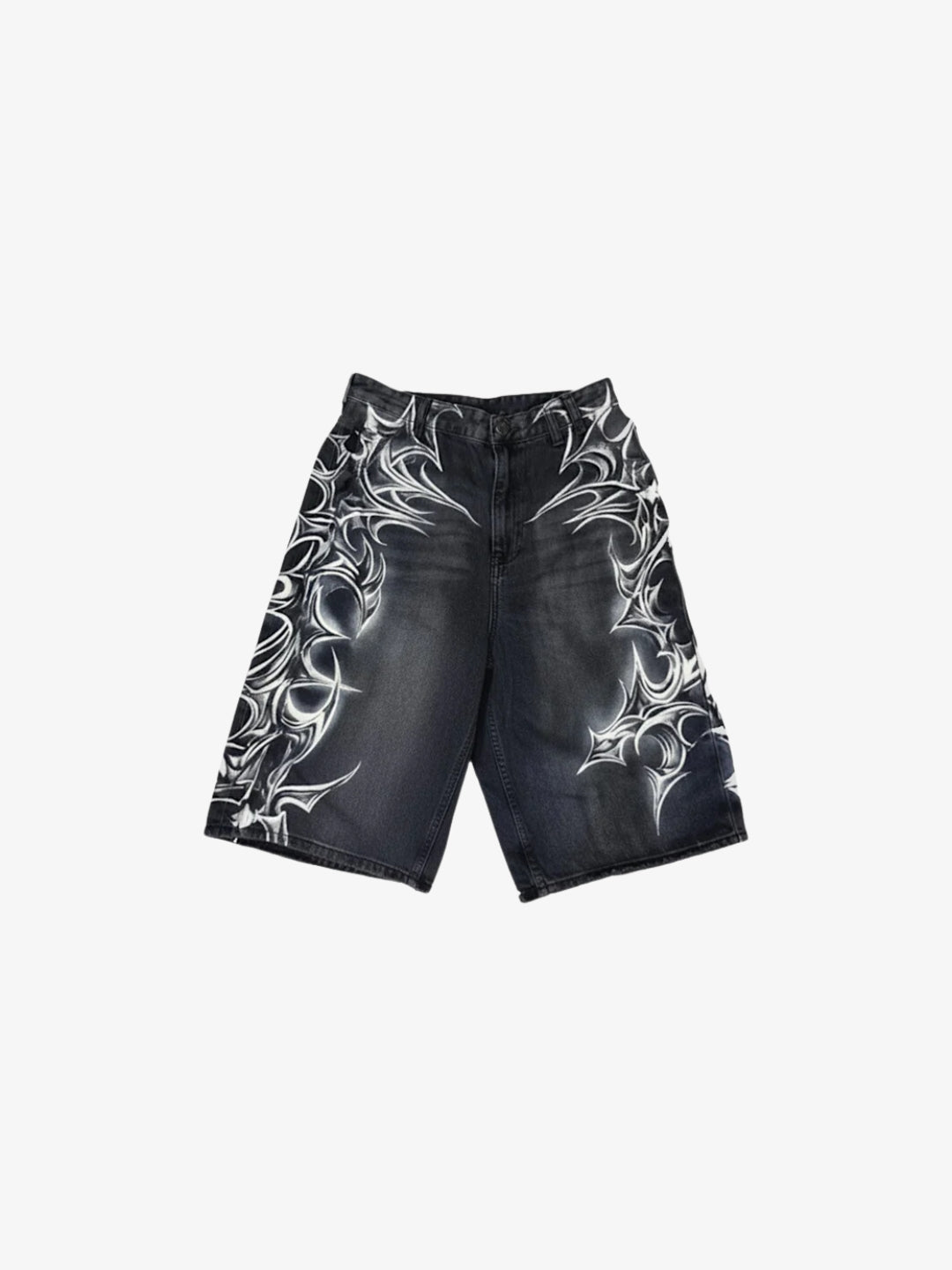 Jorts Tribal Y2K vue de face, print tribal blanc sur denim noir