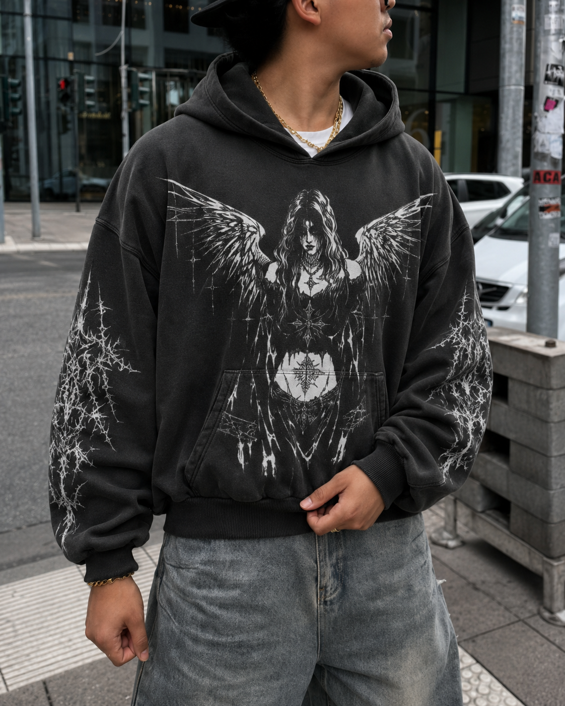 Black angel hoodie chest graphic detail