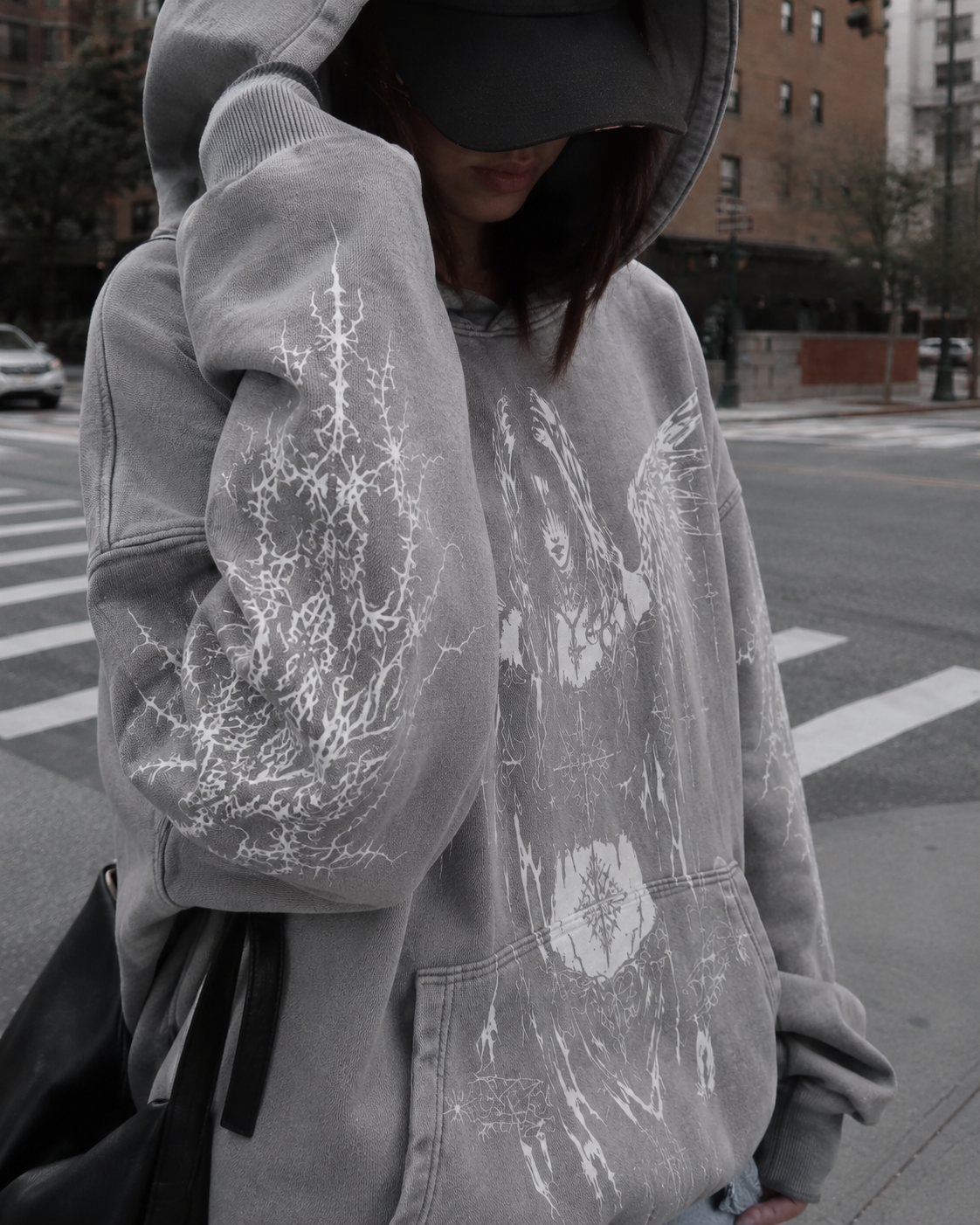 Grey angel hoodie graphic sleeve detail