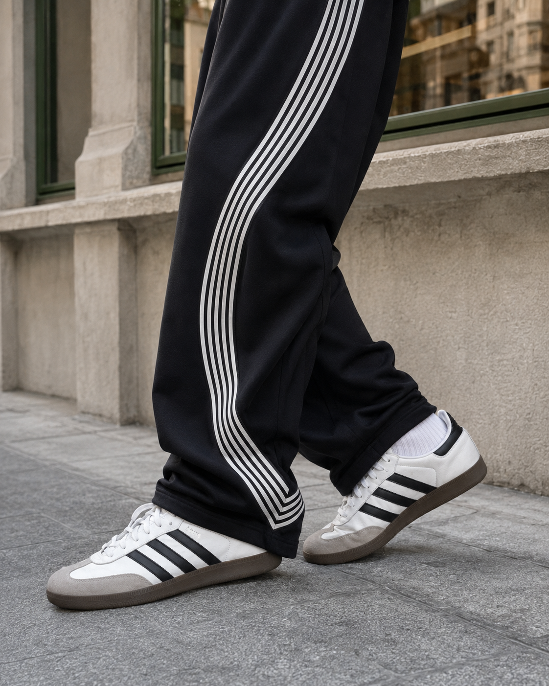 Jogging baggy noir détail bandes courbes et tombé sur sneakers