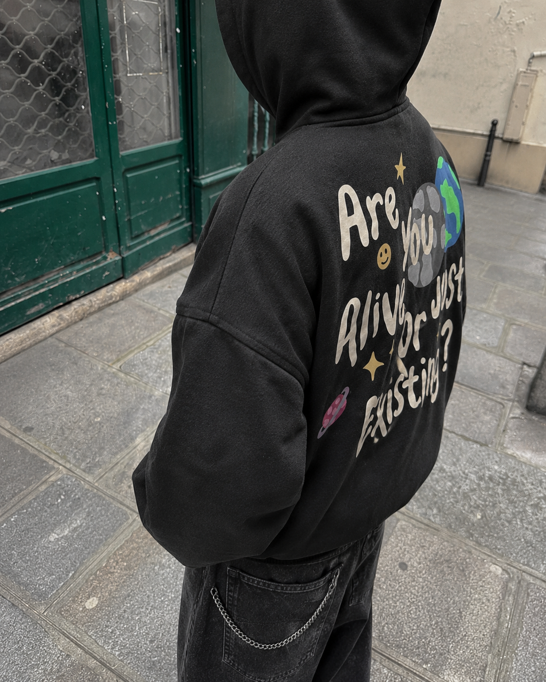 Black Are You Alive hoodie side back print detail