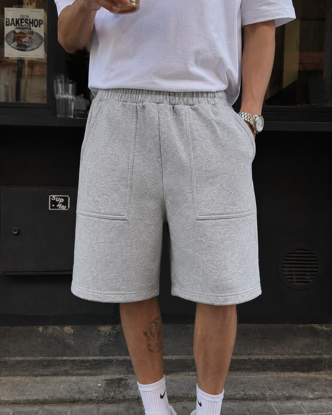 Short baggy coton gris Y2K détail poches plaquées