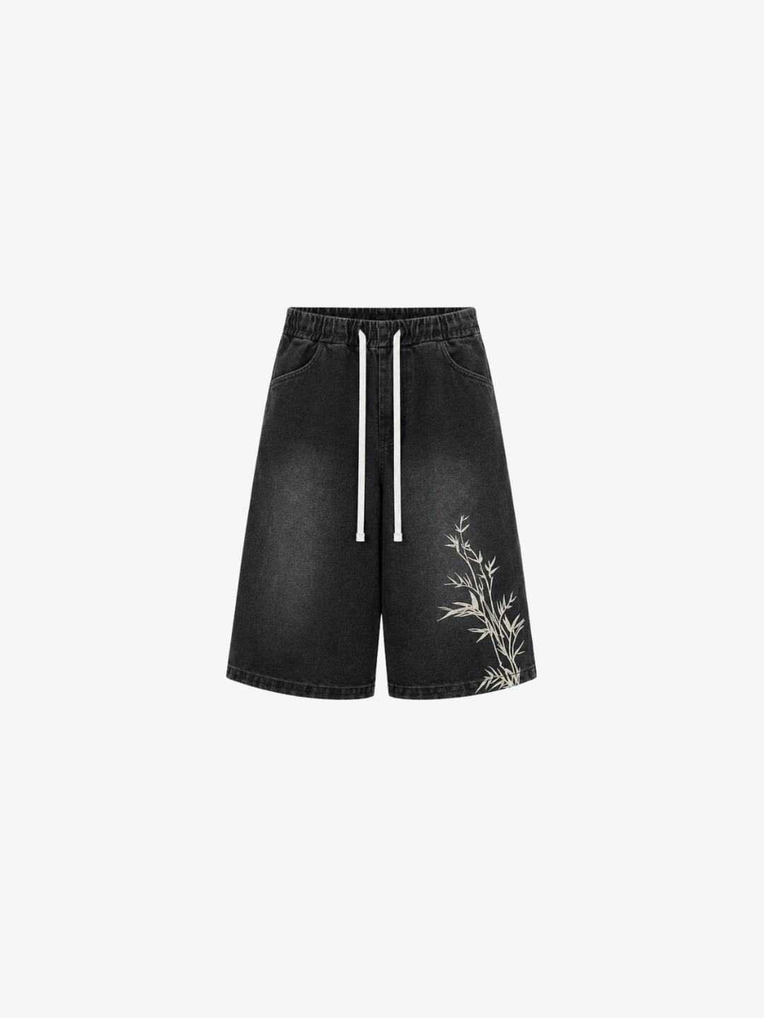 Washed black bamboo jorts front view on white background, bamboo embroidery visible