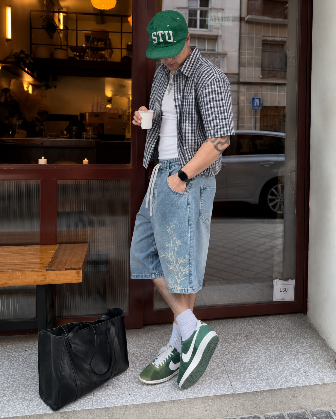 Light blue bamboo jorts worn from three-quarter view