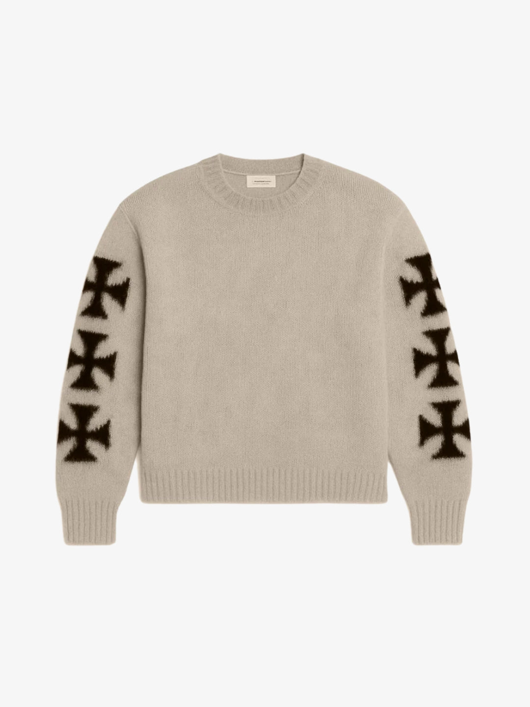 Beige cross sweater black sleeve crosses oversized Y2K front view