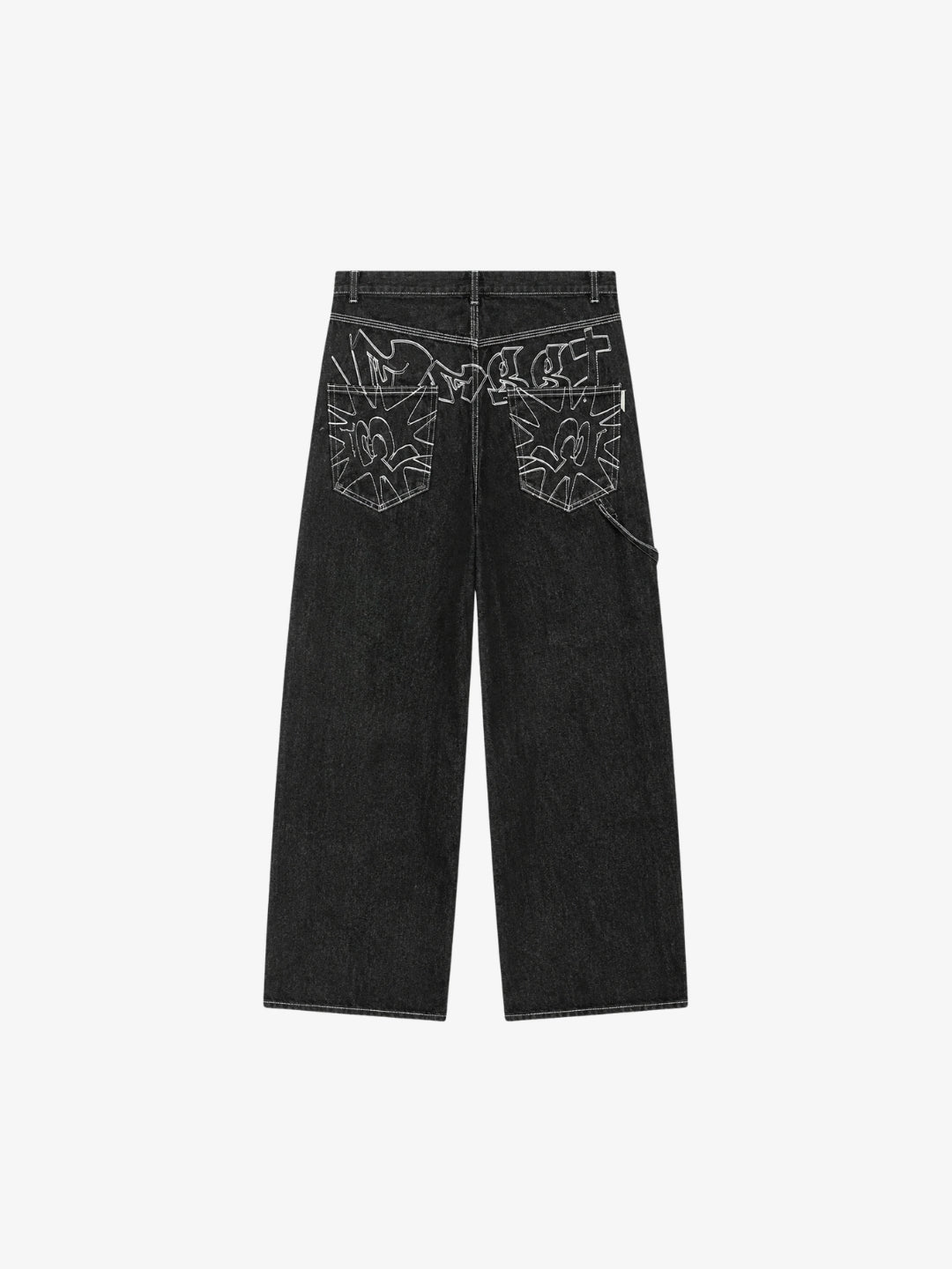 Black embroidered jeans back view with white graphic stitching