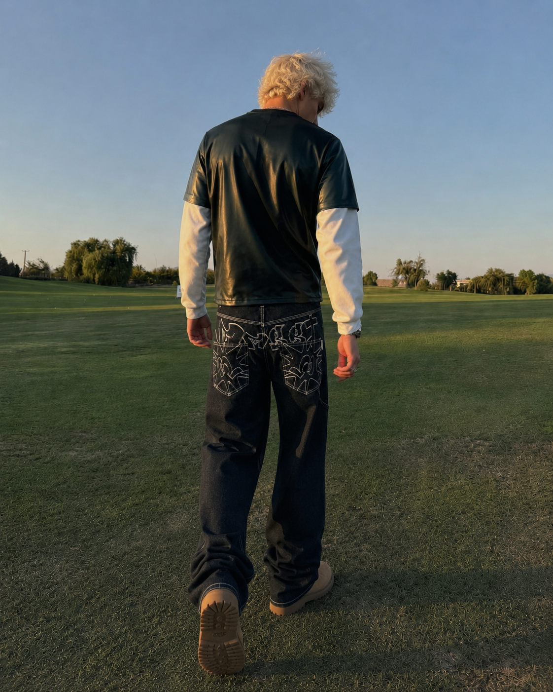 Black embroidered jeans worn back Y2K streetwear view
