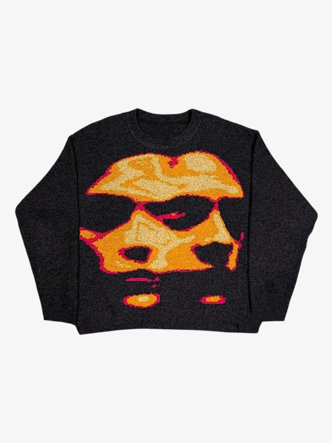 Black graphic Y2K sweater front view with orange abstract motif