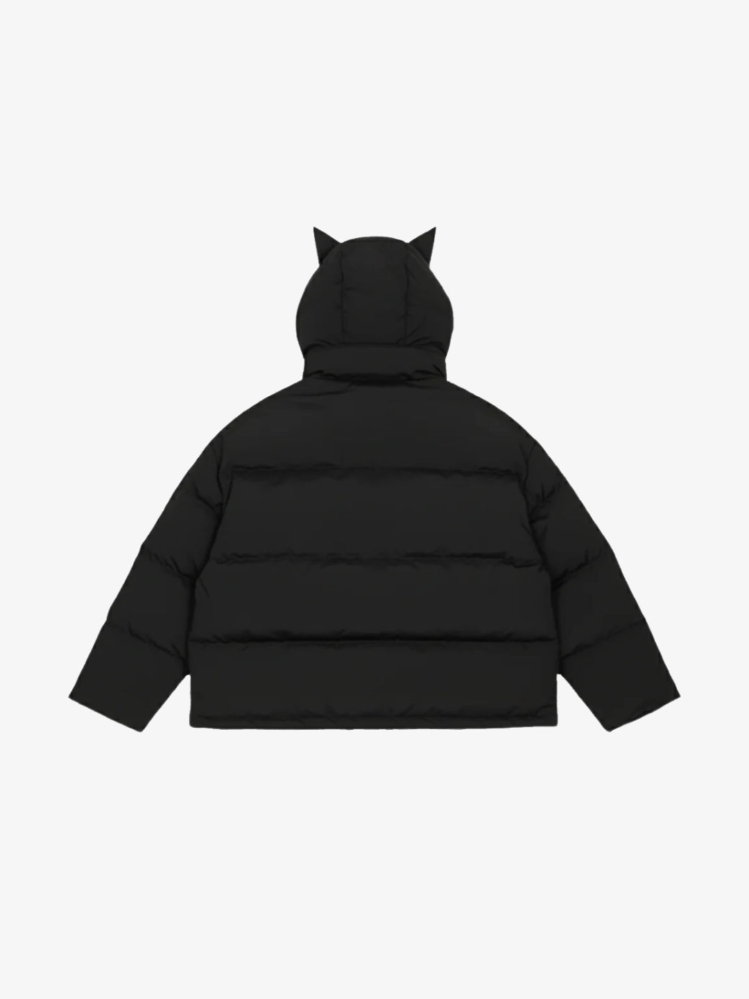 Black horn puffer jacket back view padded hood Y2K