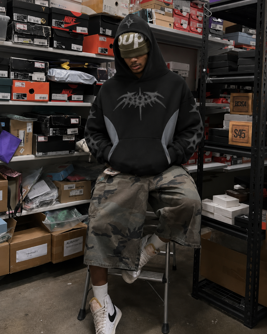 Hoodie tribal noir porté streetwear oversize