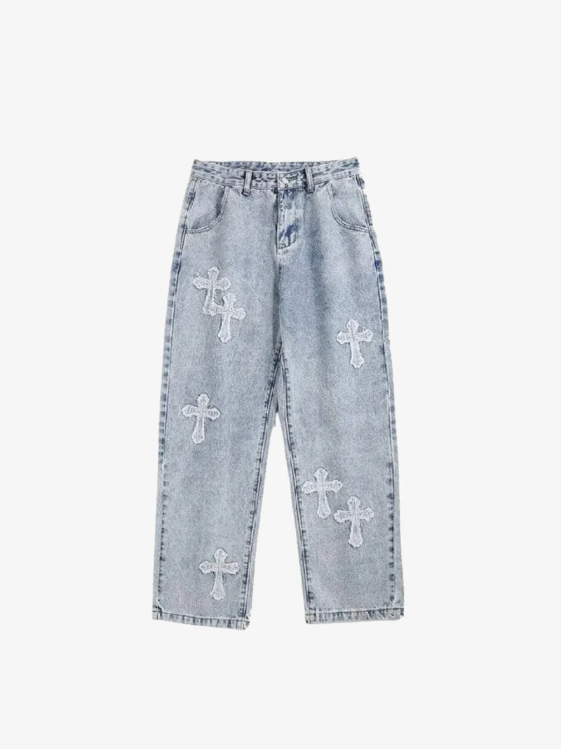 Y2K blue cross jeans flat front view