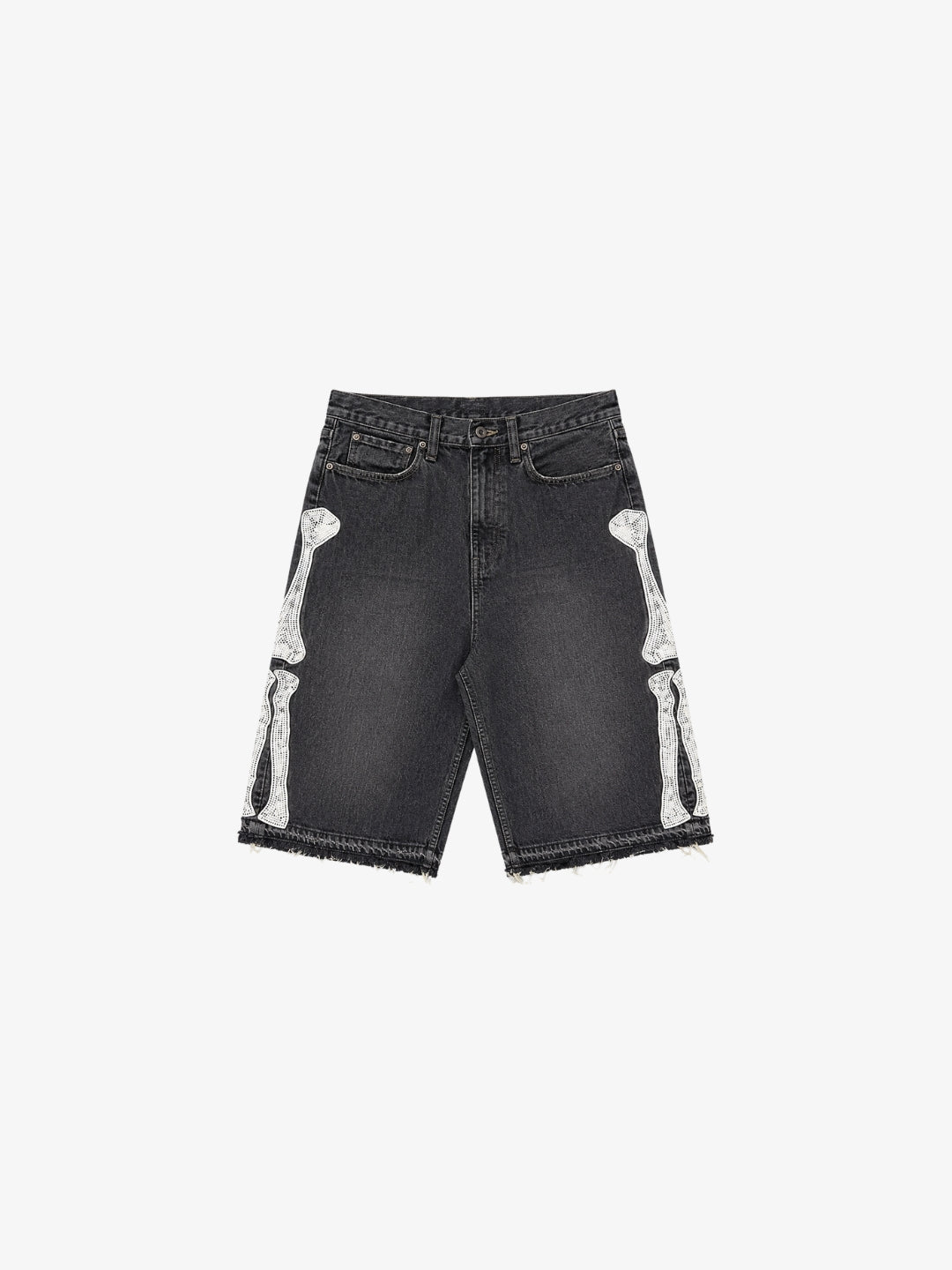 Washed black Bone Jorts front view with rhinestone bone appliqué