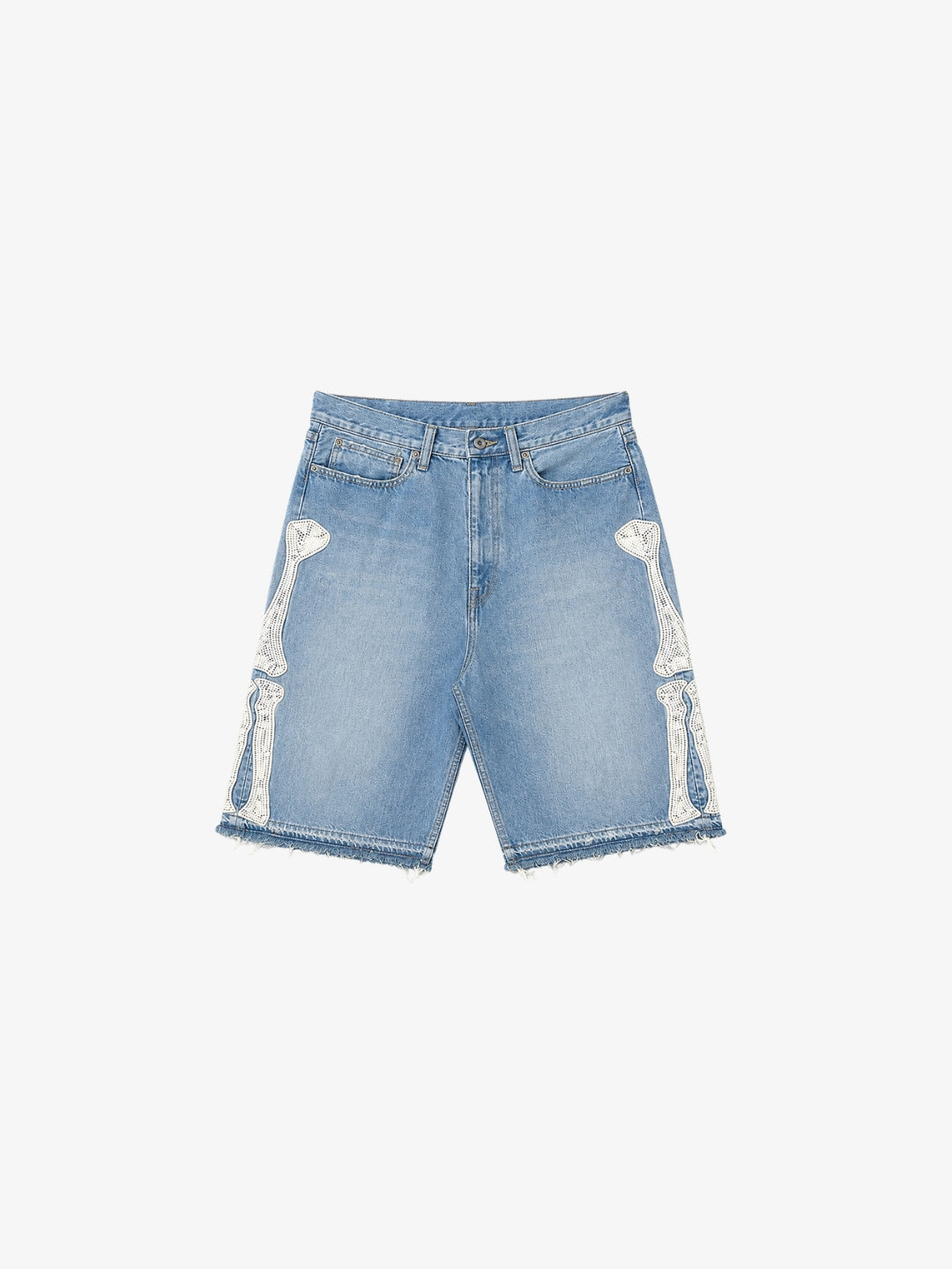 Jorts Os coloris bleu washed, vue de face avec appliqué strass en forme d'os