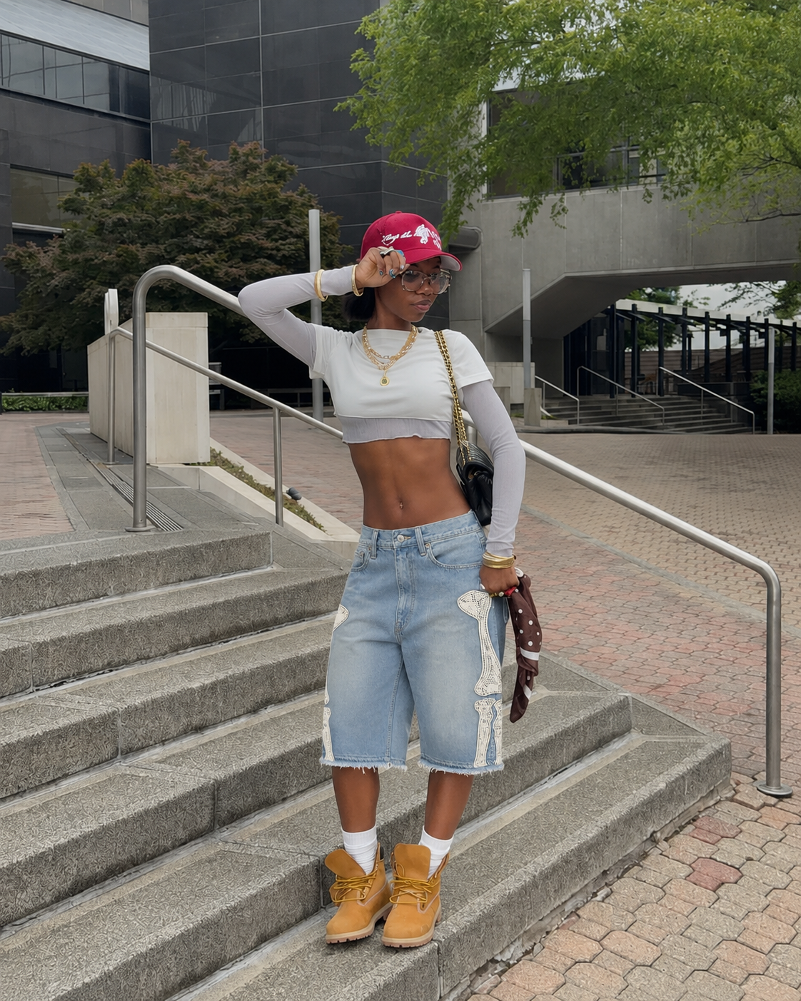 Light blue Bone Jorts worn in the street, full outfit