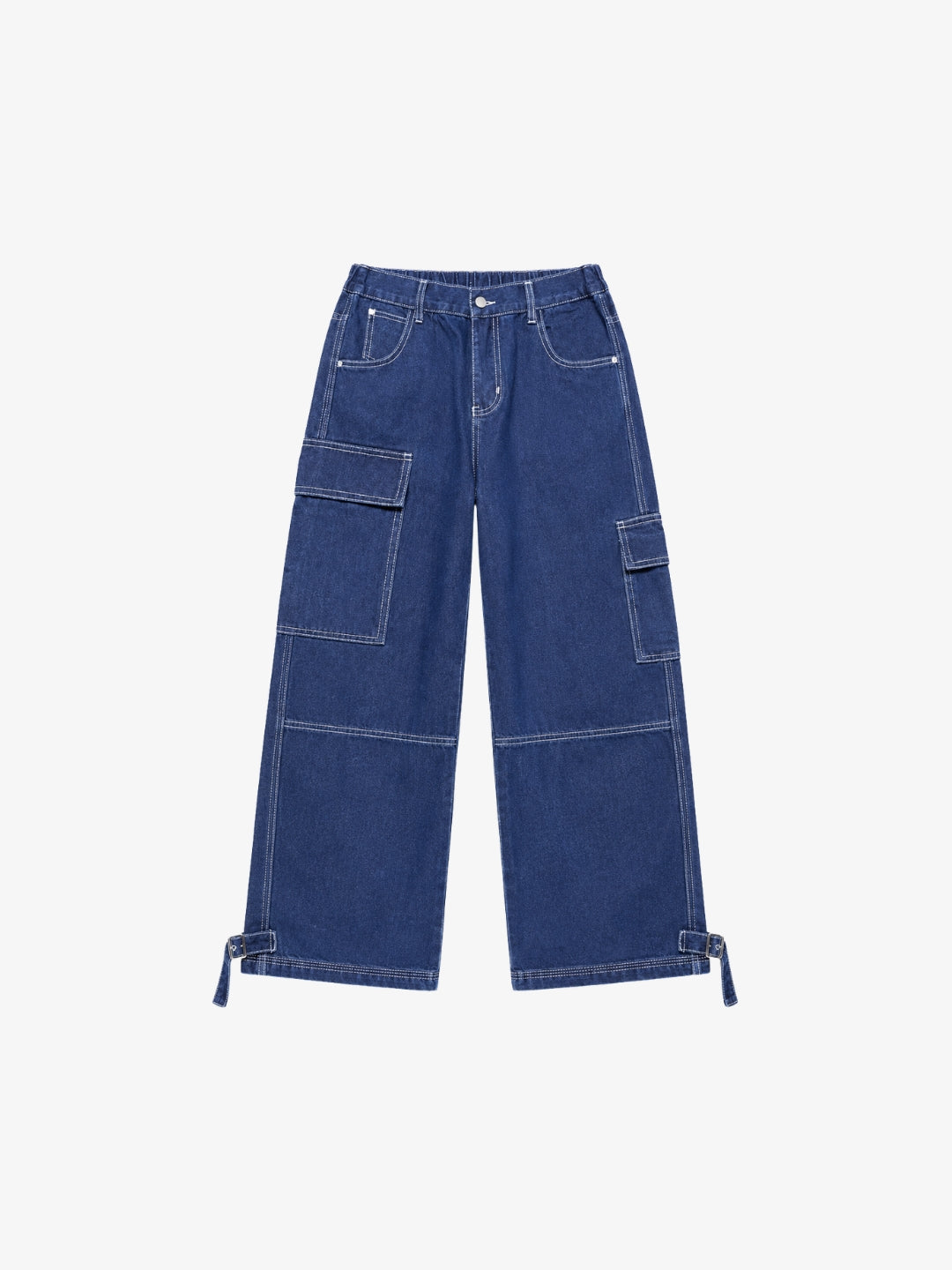 Dark blue Y2K strap cargo pants front view pockets