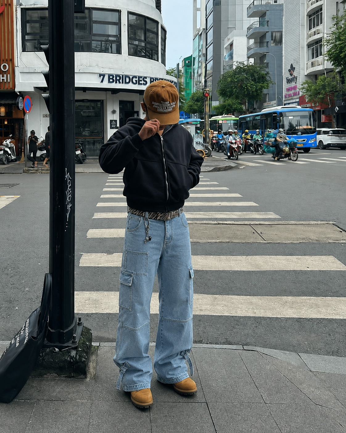 Light blue strap cargo pants worn Y2K streetwear