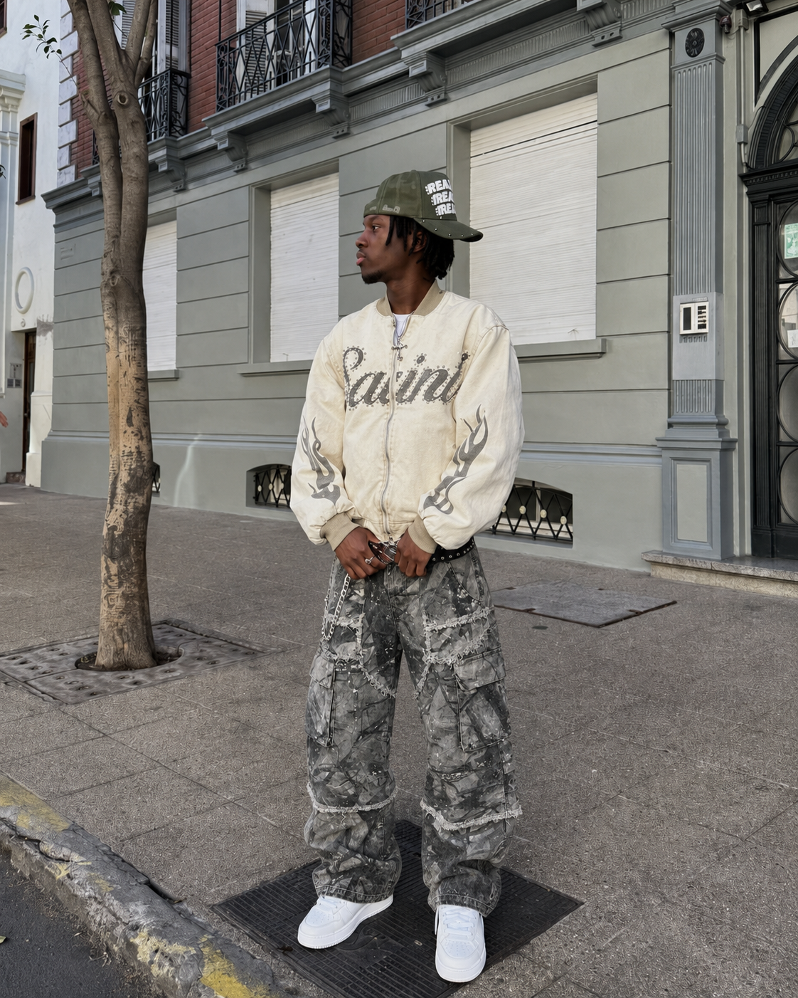 Grey camo cargo pants worn Y2K streetwear style