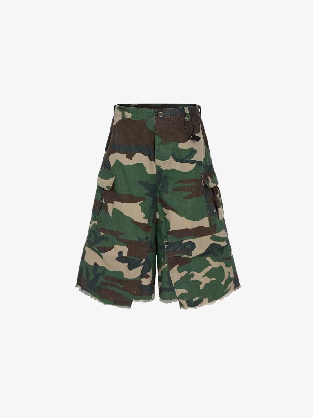 Camo Jorts front view with ultra wide cut and woodland camo pattern
