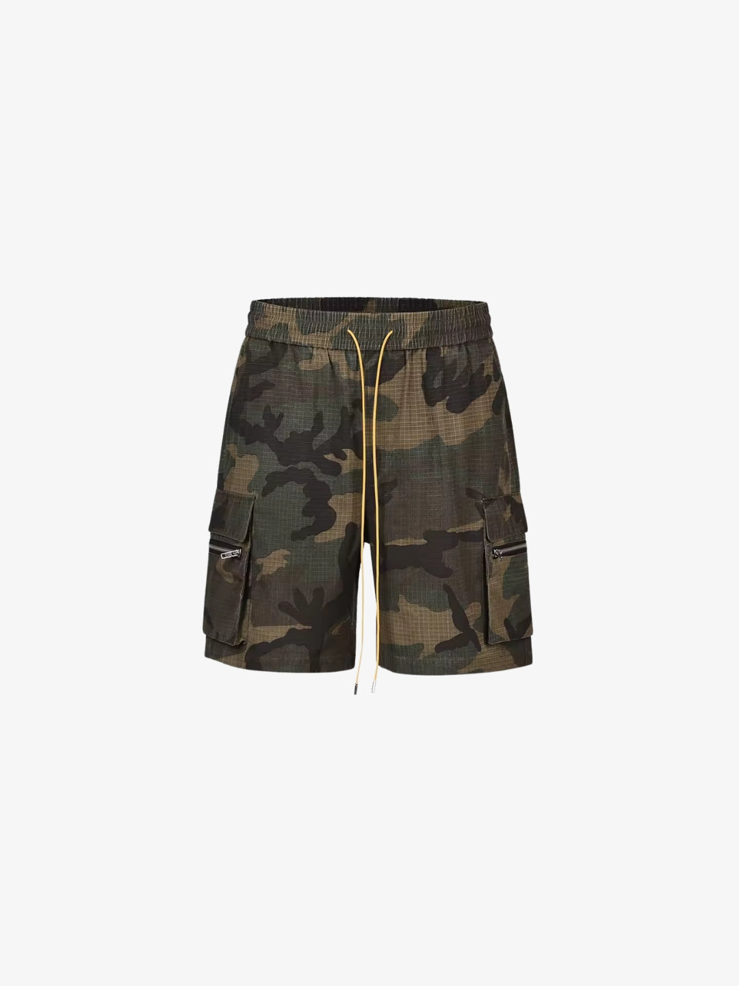 Camo Shorts front view with yellow contrast drawstring and zipped cargo pockets