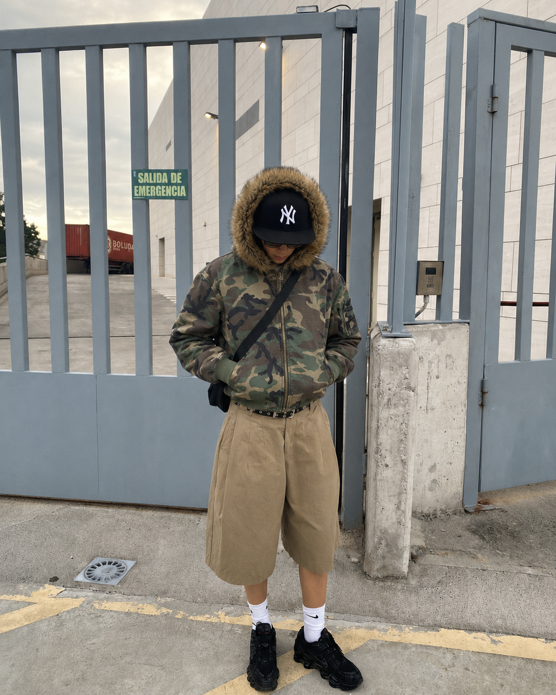 Camouflage jacket worn with cargo shorts streetwear fit