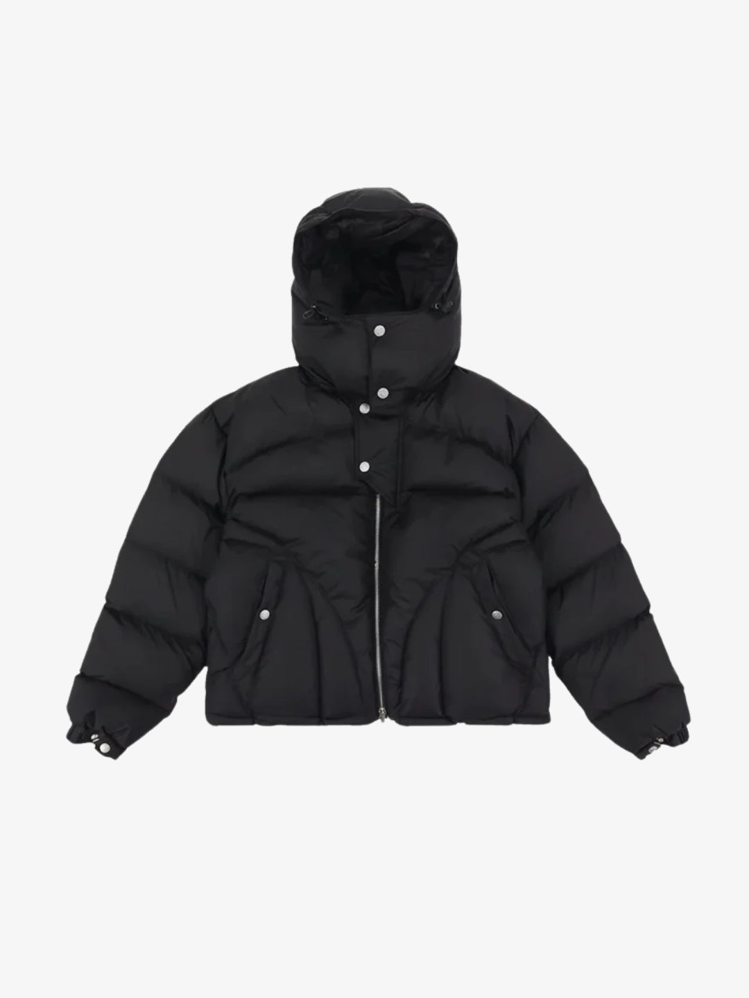 Black cropped puffer jacket oversized hood Y2K front view