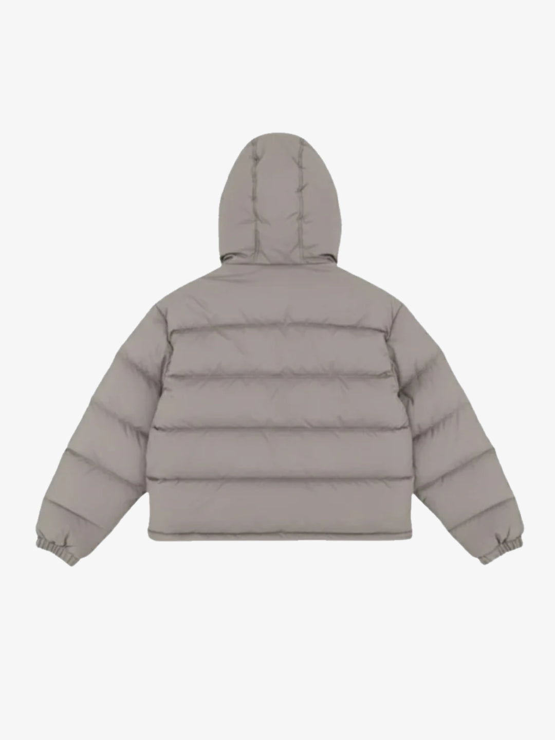Grey cropped puffer jacket back view padded hood