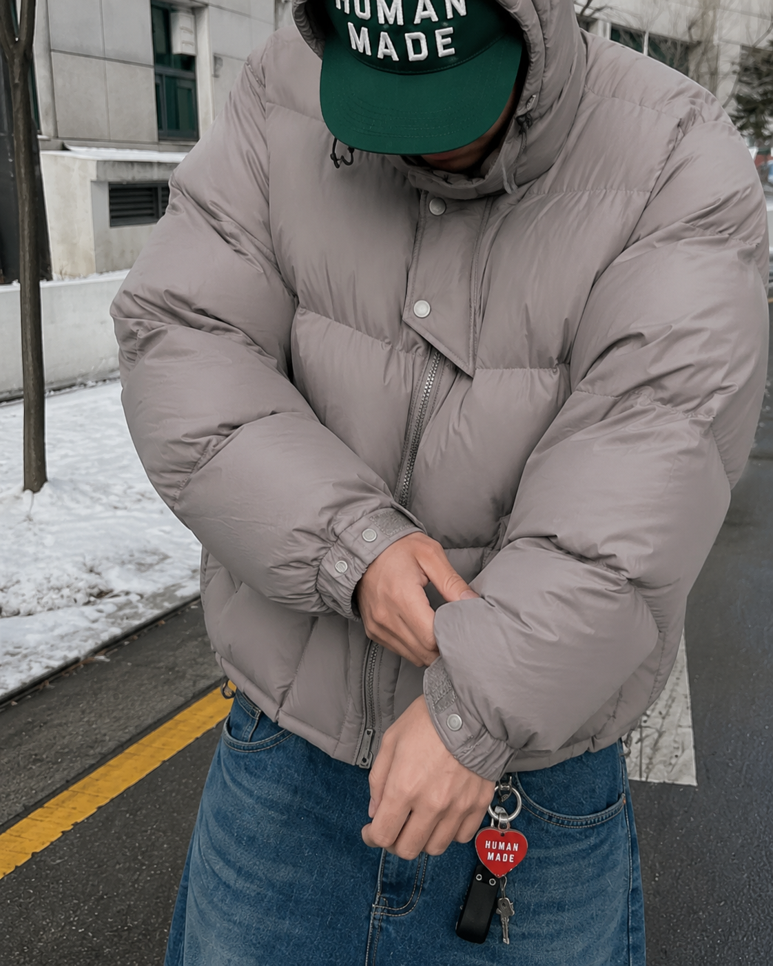 Grey cropped puffer jacket zip detail puffy sleeves streetwear