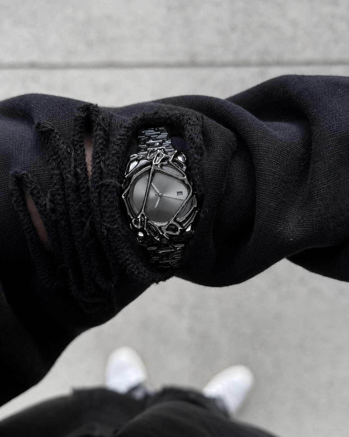 Black cyberpunk watch black dial worn with black sleeve