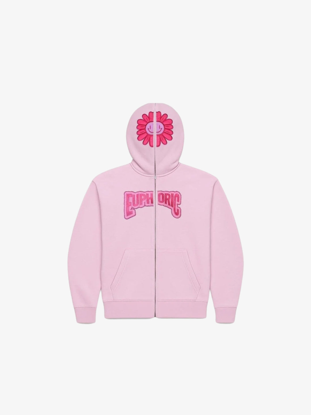 Pink Y2K full zip hoodie front view with fuchsia flower hood