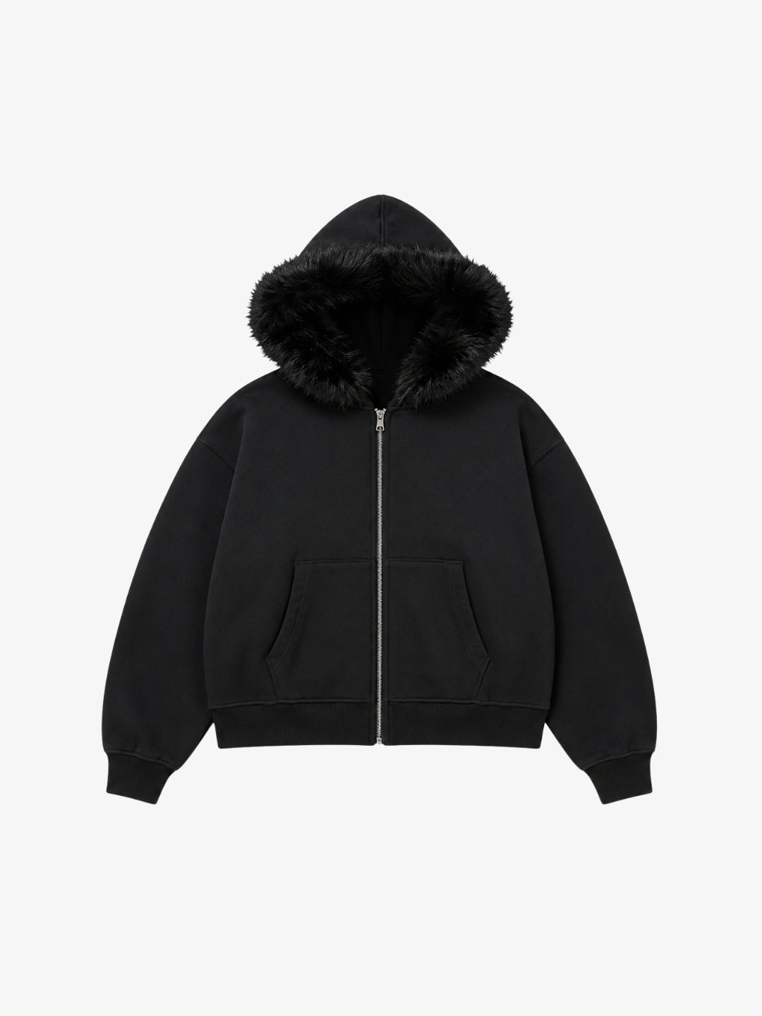 Black faux fur zip up hoodie Y2K front view