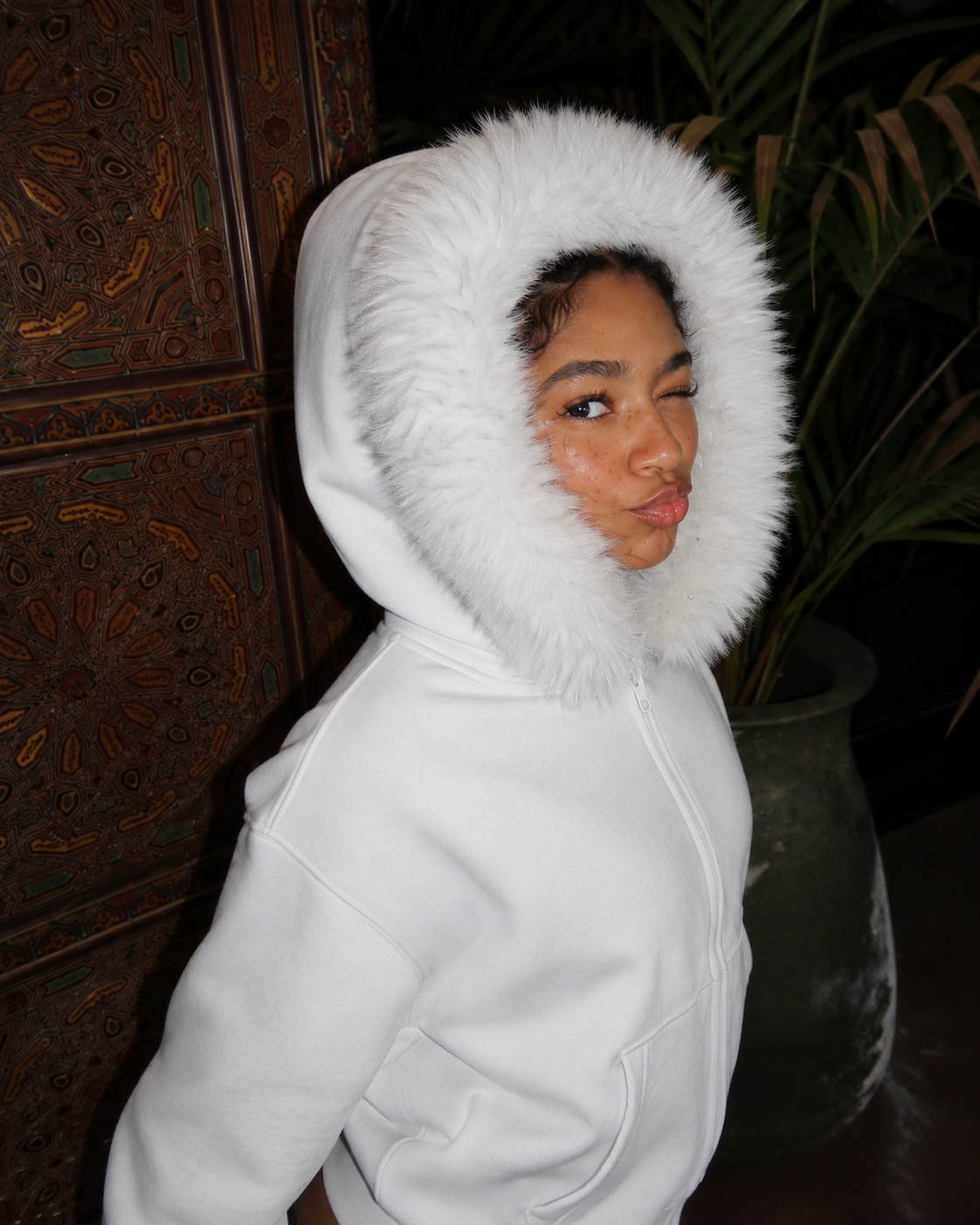 White faux fur zip up hoodie Y2K hood detail worn