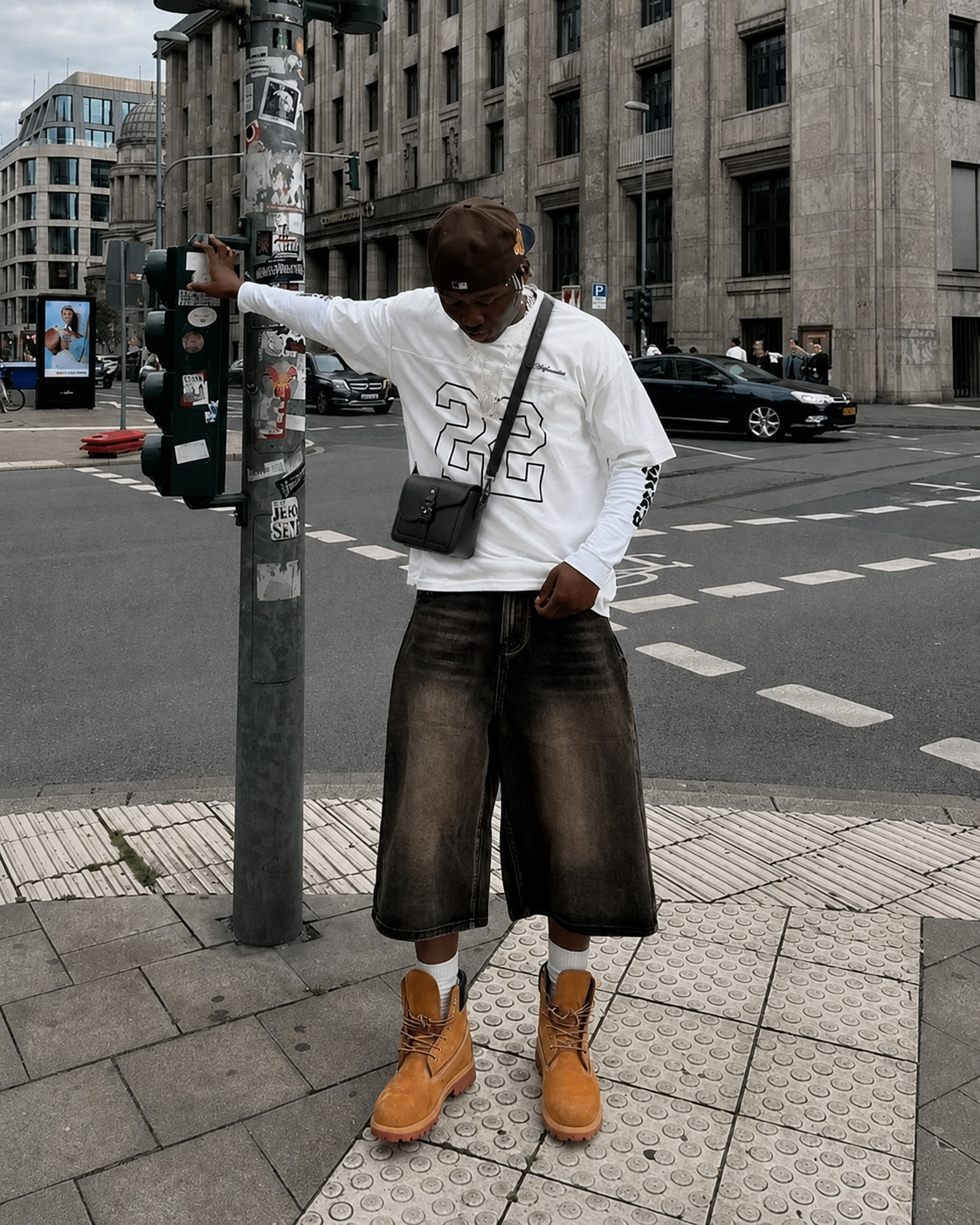 Sacoche cuir noire portée homme look streetwear