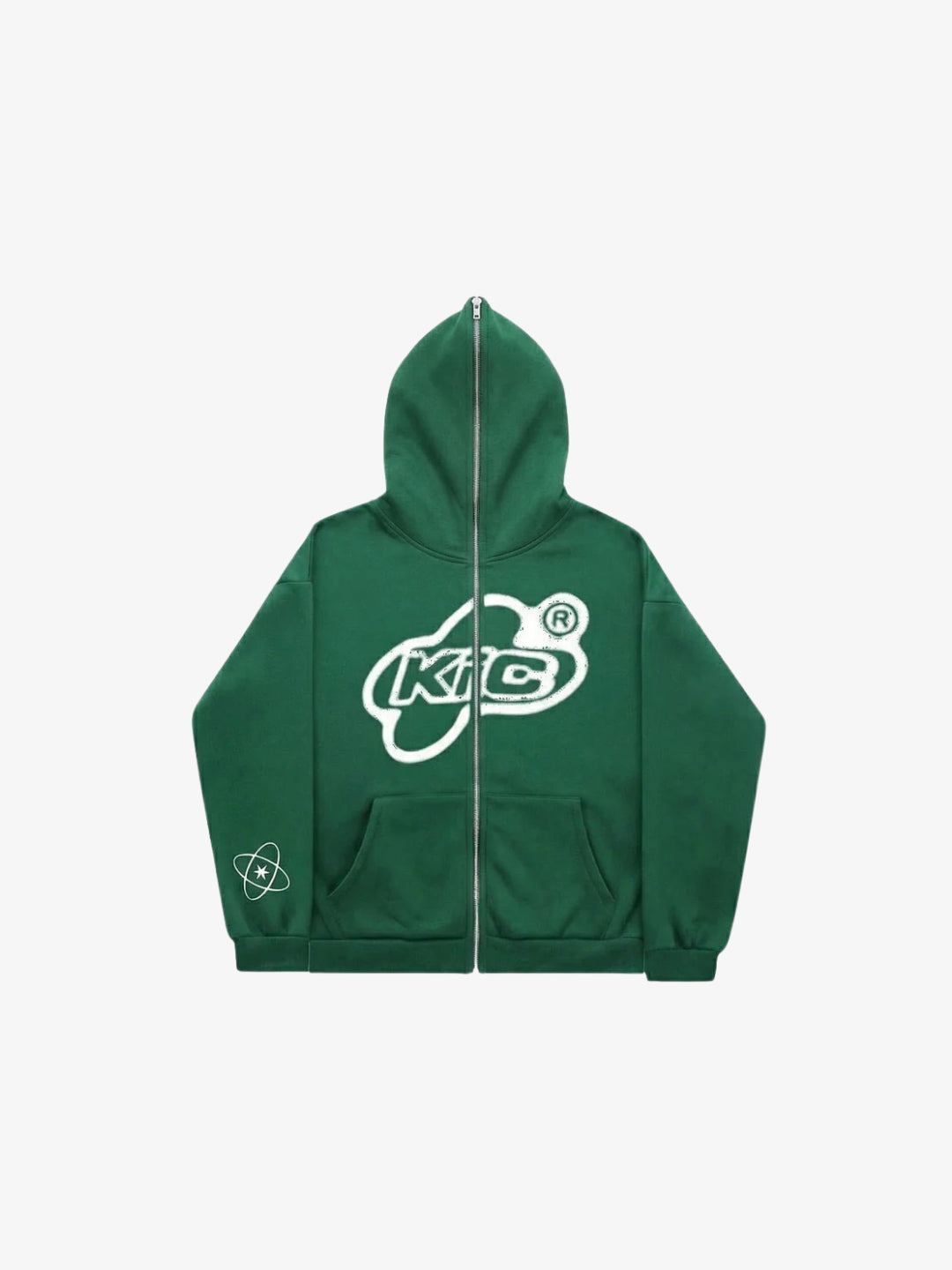 Green Y2K full zip hoodie front view with white lettering