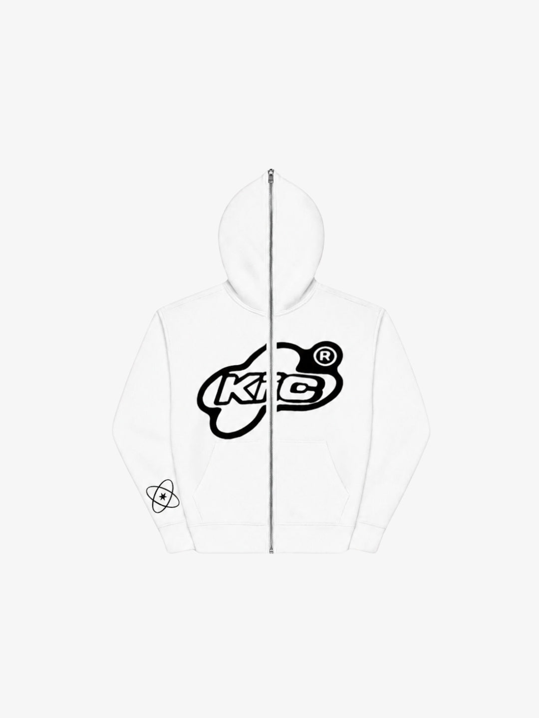White Y2K full zip hoodie front view with black lettering