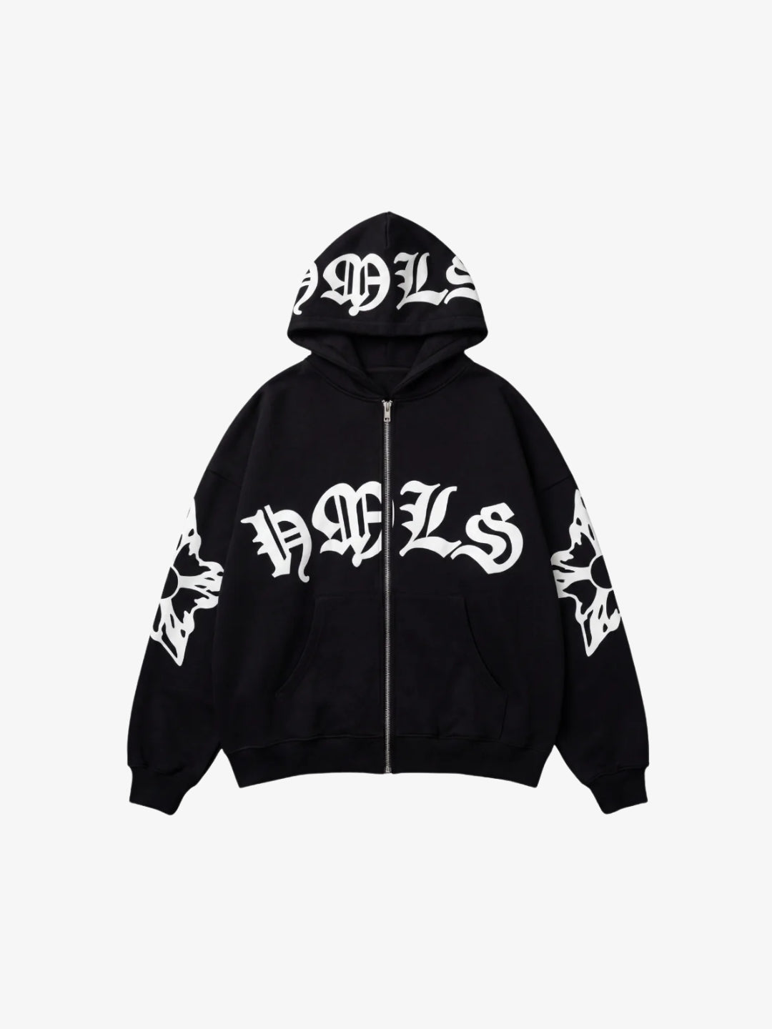 Black gothic lettering zip up hoodie Y2K front view