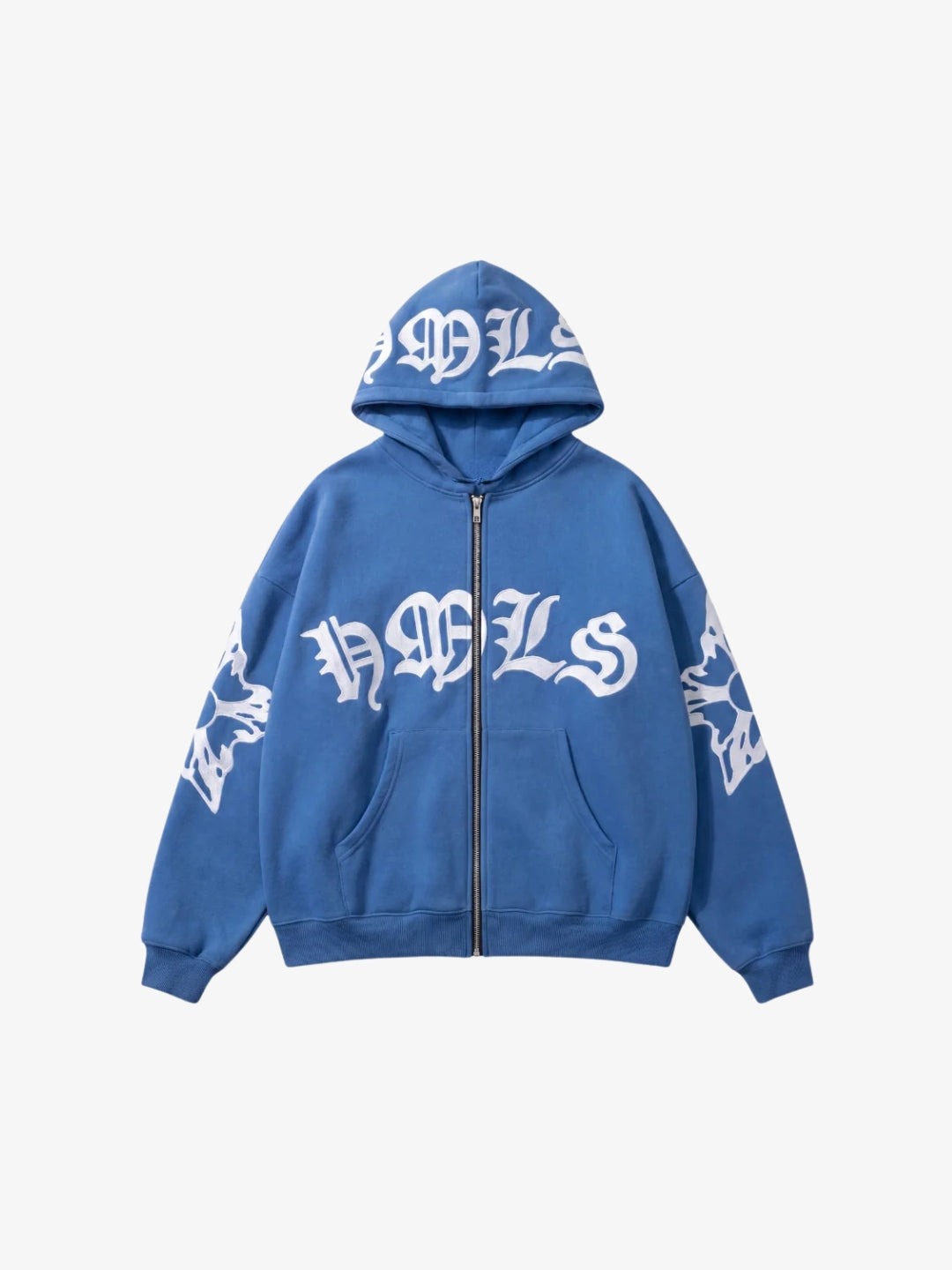 Blue gothic lettering zip up hoodie Y2K front view