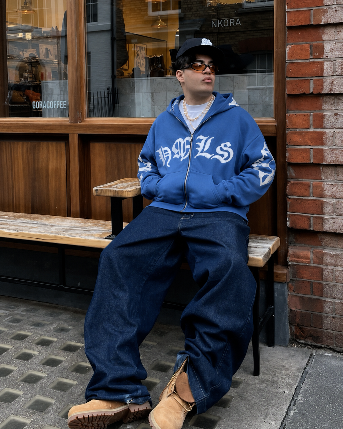 Blue gothic lettering hoodie worn Y2K streetwear