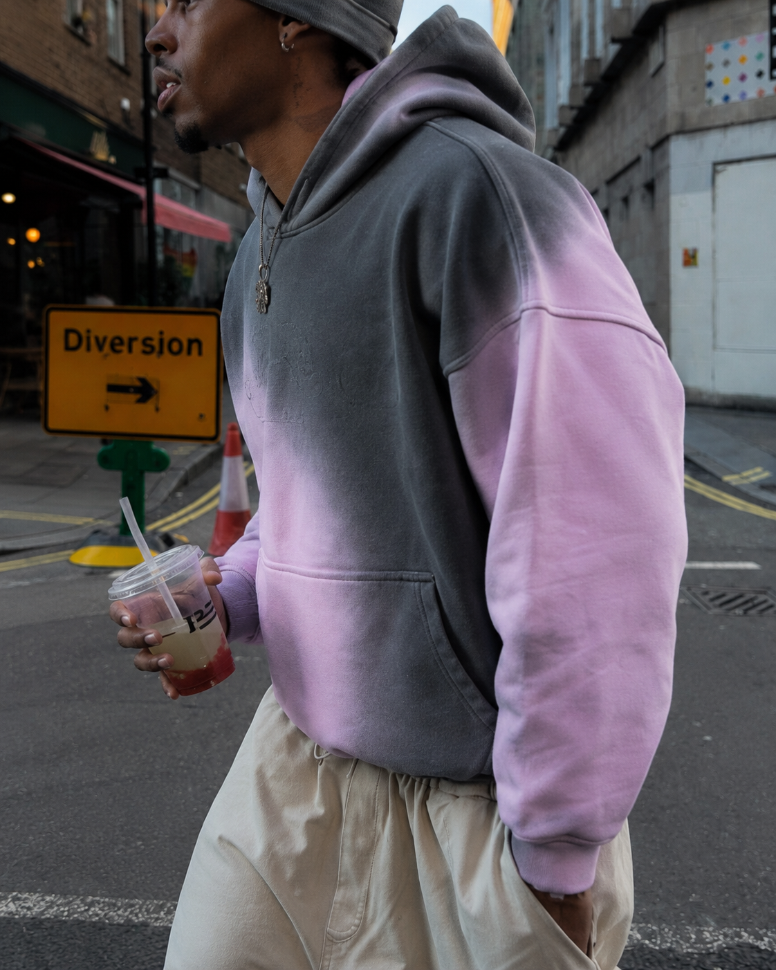 Pink black gradient hoodie pocket fabric detail
