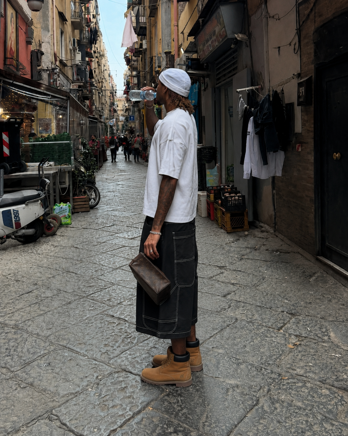 Graffiti Jorts worn in side view with structured baggy silhouette