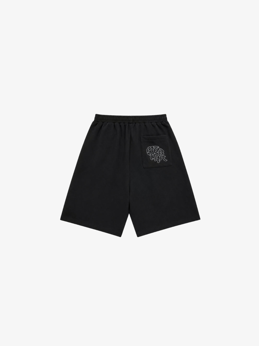 Black graffiti shorts back view with graffiti logo on back pocket