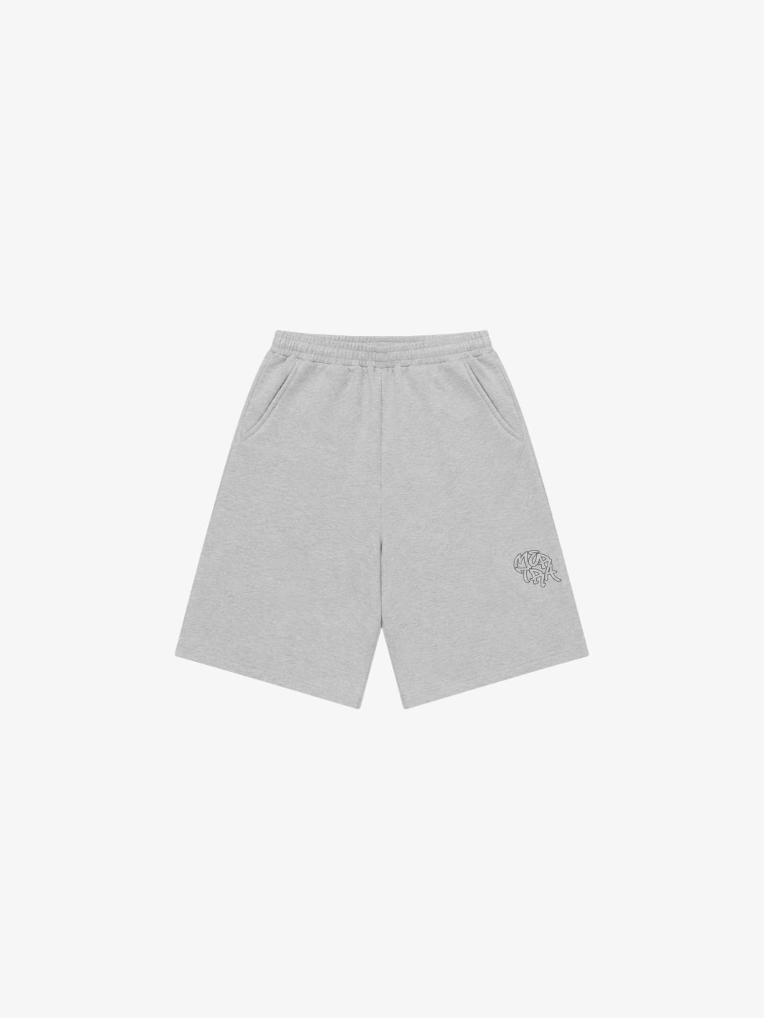 Grey graffiti shorts front view