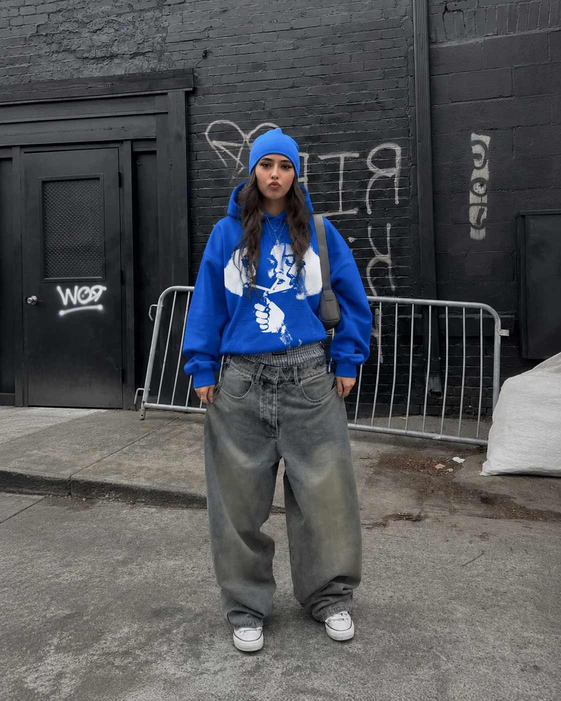 Blue graphic hoodie worn Y2K streetwear