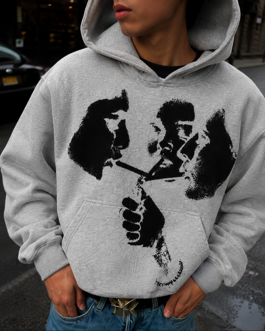 Grey graphic hoodie chest print detail