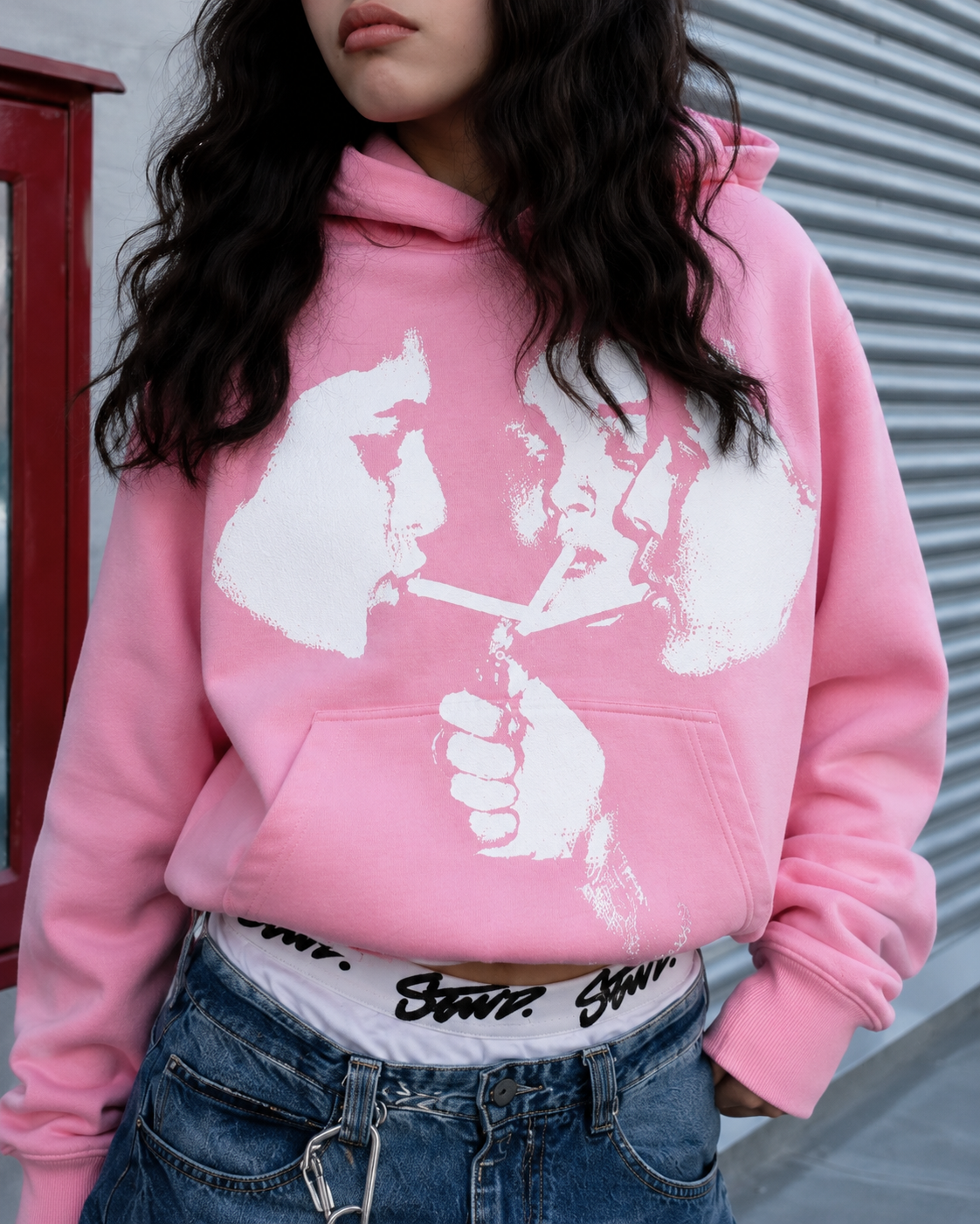 Pink graphic hoodie chest print detail