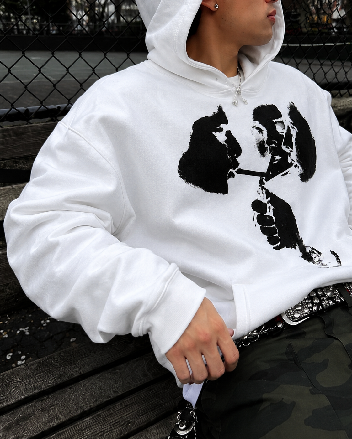 White graphic hoodie chest print detail