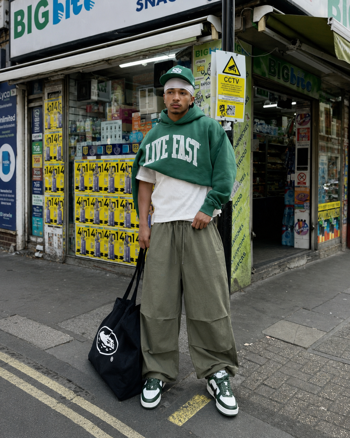 Green parachute pants worn in Y2K streetwear style