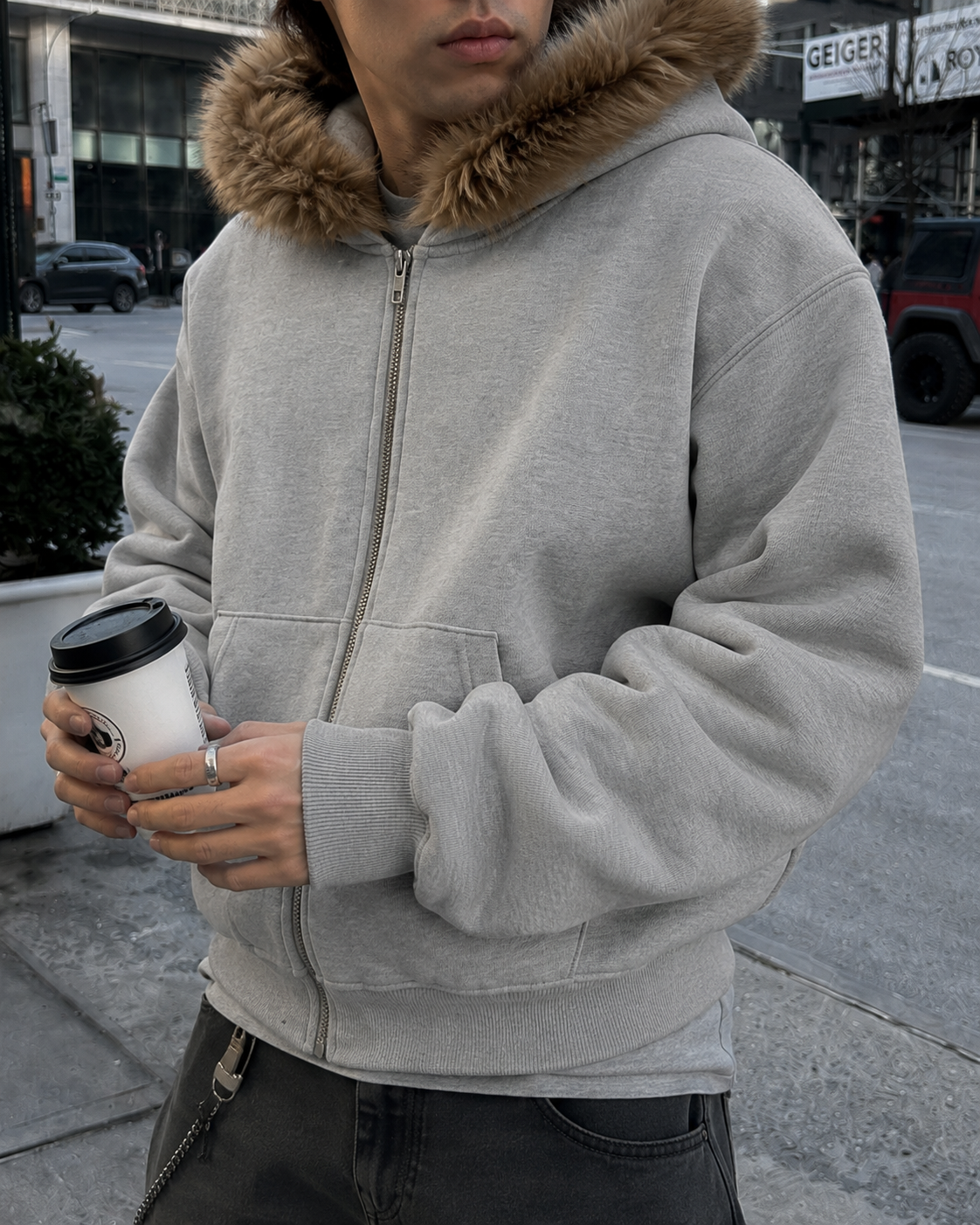 Grey faux fur zip up hoodie material detail