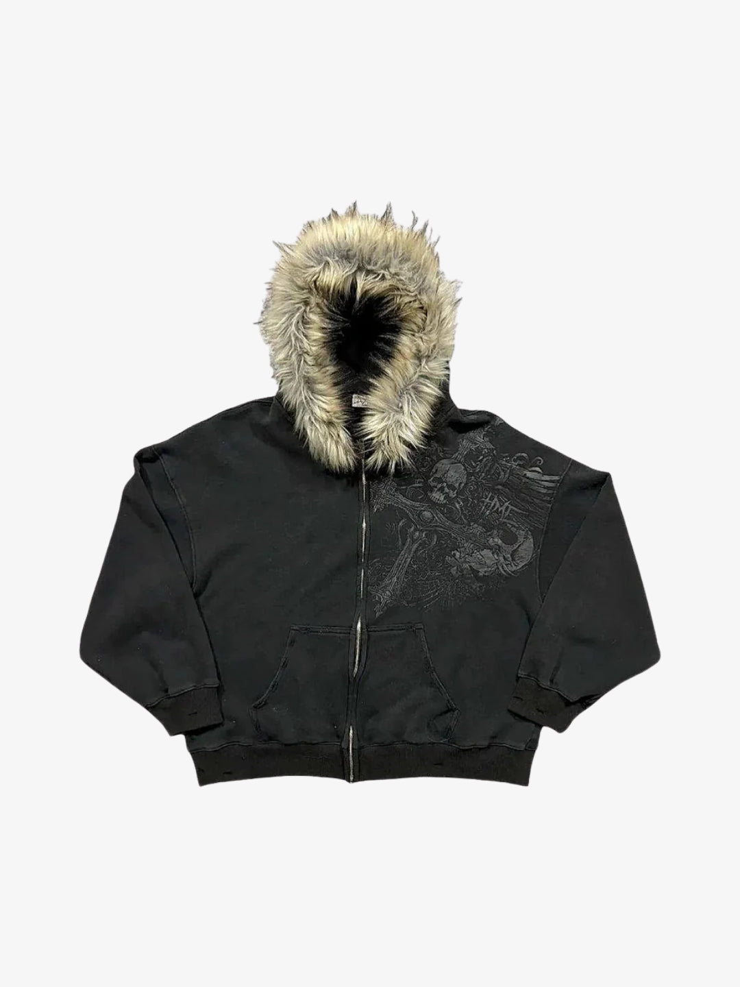 Black faux fur grunge zip up hoodie Y2K front view