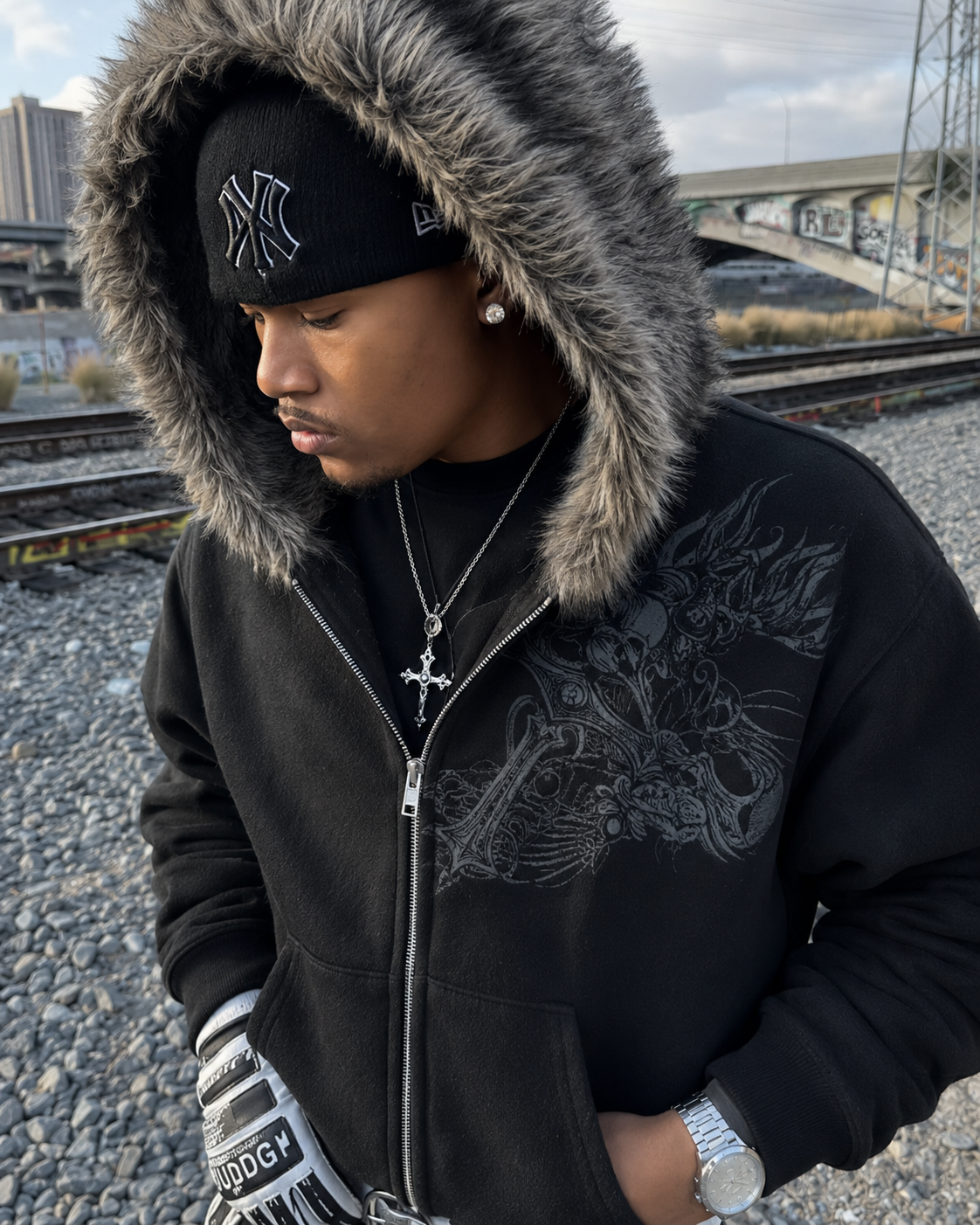 Black faux fur zip up hoodie Y2K grunge print detail