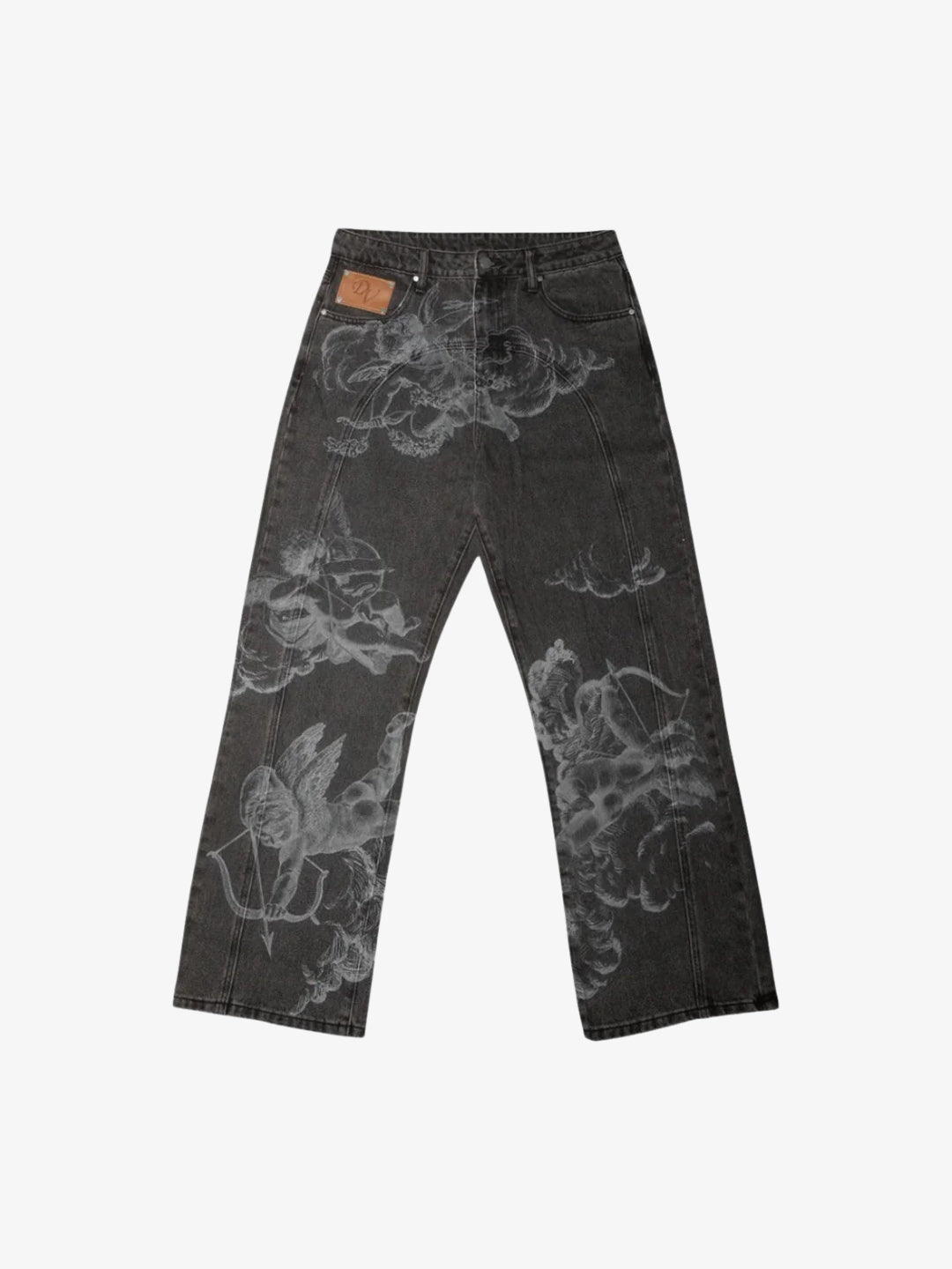 Jean Ange black angel print baggy jeans front view